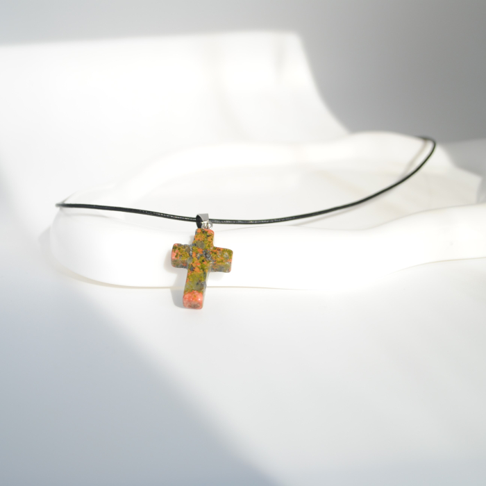 Colier cu Cruce din Unakit – Piele Naturală 44 cm – Talisman Protector Unisex [4]