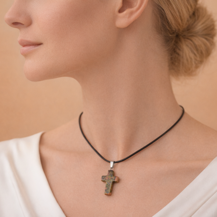 Colier cu Cruce din Unakit – Piele Naturală 44 cm – Talisman Protector Unisex [2]