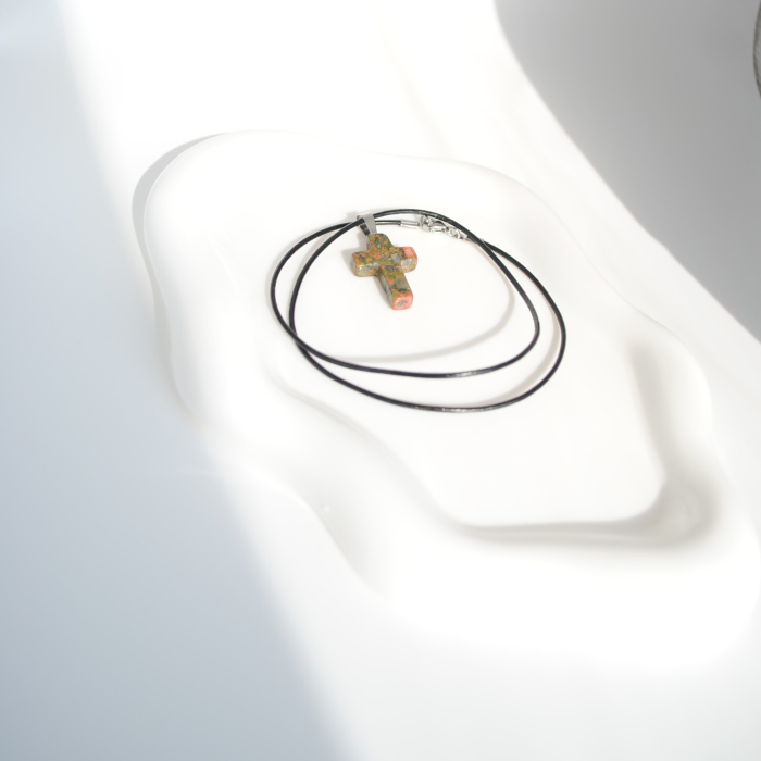 Colier cu Cruce din Unakit – Piele Naturală 44 cm – Talisman Protector Unisex [3]