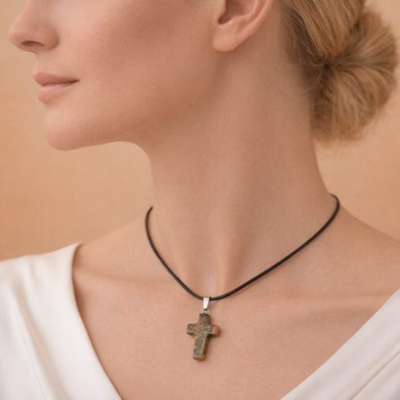 Colier cu Cruce din Unakit – Piele Naturală 44 cm – Talisman Protector Unisex [1]