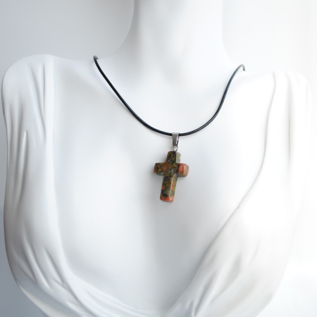 Colier cu Cruce din Unakit – Piele Naturală 44 cm – Talisman Protector Unisex [4]