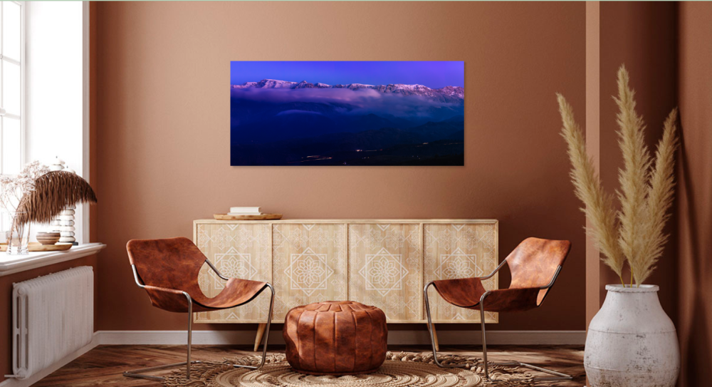 Tablou canvas, Muntii Bucegi la ora albastra, vazuti din sat Pestera, Brasov, 100x70 cm [2]