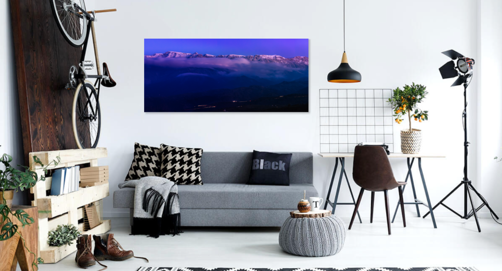 Tablou canvas, Muntii Bucegi la ora albastra, vazuti din sat Pestera, Brasov, 100x70 cm [5]