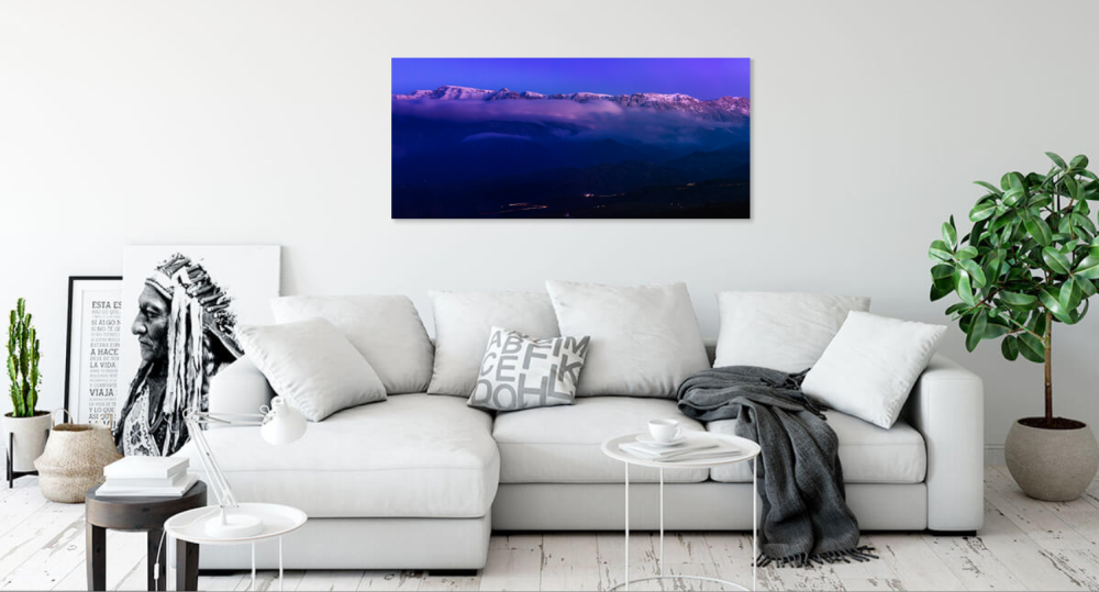 Tablou canvas, Muntii Bucegi la ora albastra, vazuti din sat Pestera, Brasov, 100x70 cm [3]