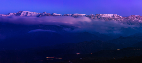 Tablouri canvas - Tablou canvas, Muntii Bucegi la ora albastra, vazuti din sat Pestera, Brasov, 100x70 cm