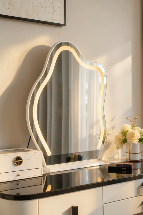 Masă de machiaj Glow MDF cu oglindă LED Incarcare Wireless 140x40x136 cm [3]