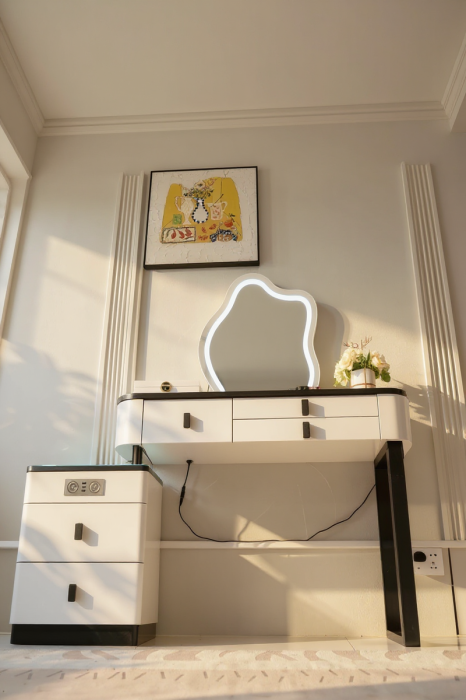 Masă de machiaj Glow MDF cu oglindă LED Incarcare Wireless 140x40x136 cm [4]