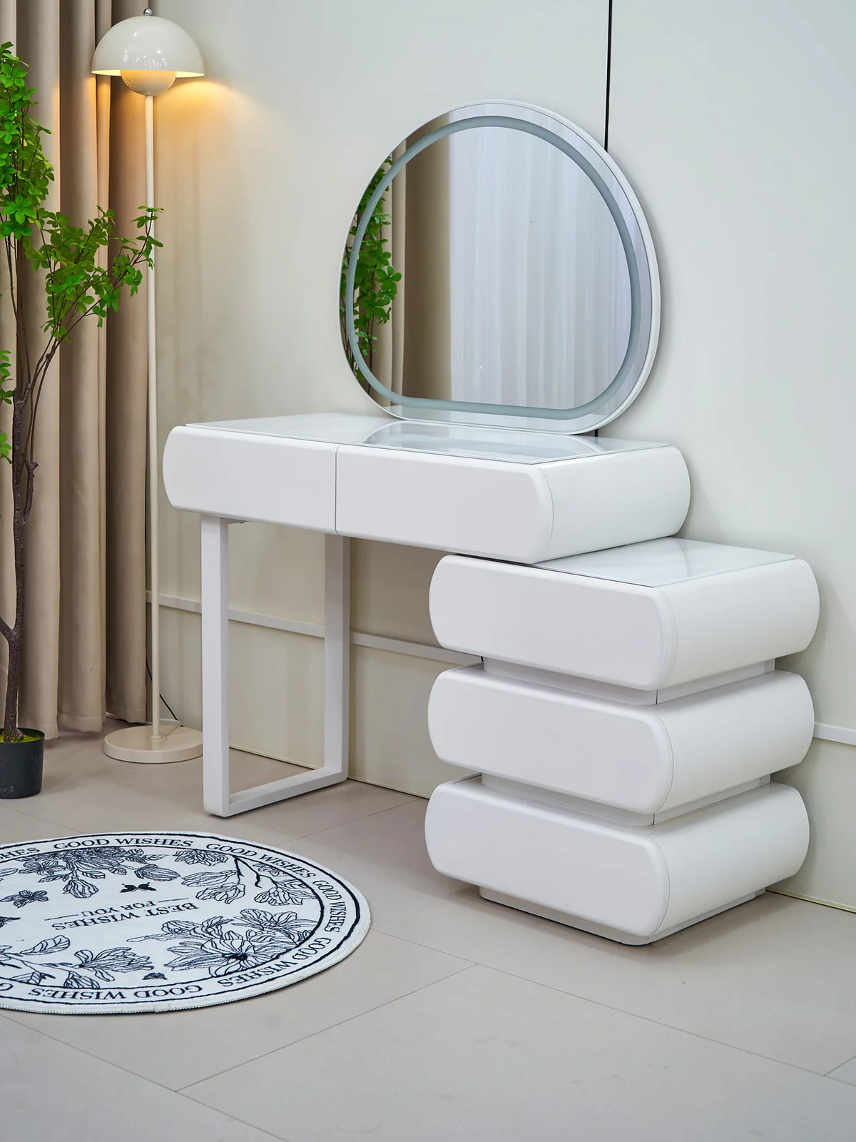 Masă de machiaj Round MDF cu oglindă LED și sertare iluminate 140x40x136 cm [6]