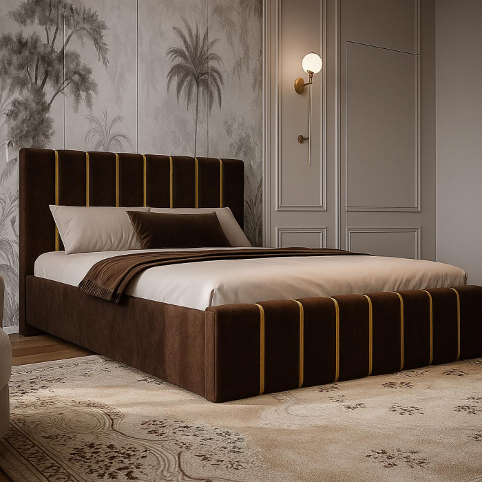 Pat Tapițat 140x200 cm – Velvet Maro cu Accente Aurii [1]