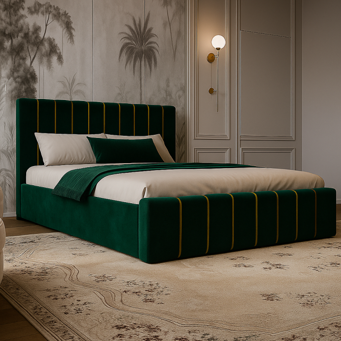 Pat Tapițat 140x200 cm – Velvet Verde cu Accente Aurii [3]