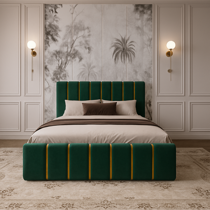 Pat Tapițat 140x200 cm – Velvet Verde cu Accente Aurii [2]