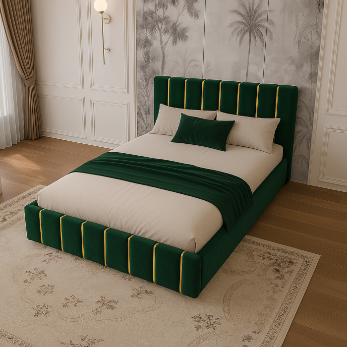 Pat Tapițat 140x200 cm – Velvet Verde cu Accente Aurii [1]