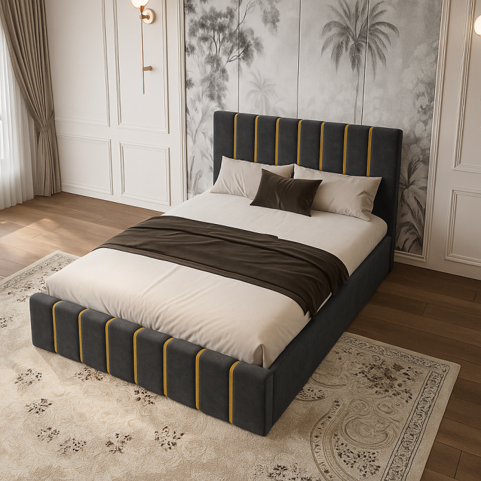 Pat Tapițat 160x200 cm – Velvet GRI cu Accente Aurii [1]