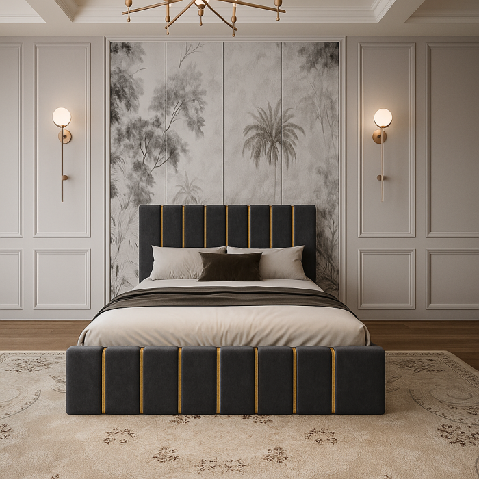 Pat Tapițat 160x200 cm – Velvet GRI cu Accente Aurii [2]