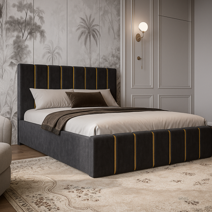 Pat Tapițat 160x200 cm – Velvet GRI cu Accente Aurii [3]