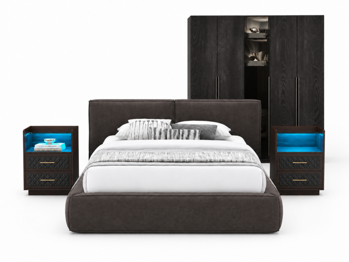 Set dormitor DALLAS AZZURO – Pat tapițat rabatabil + dressing premium + 2 noptiere cu LED RGB [2]