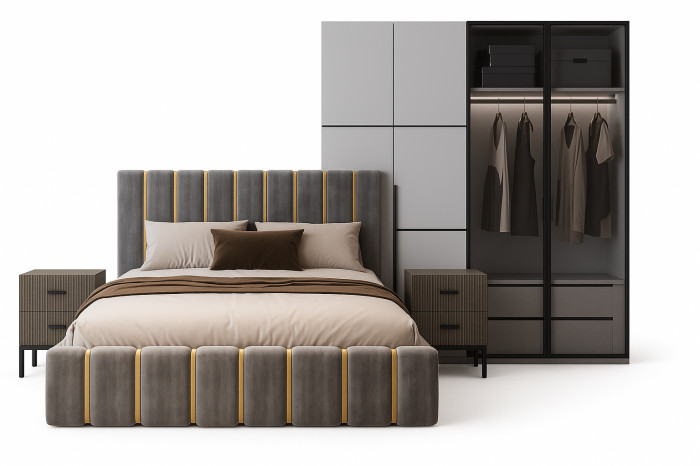 Set Dormitor Pat Tapitat 160x200 + 2 noptiere + Dressing MDF LED [1]