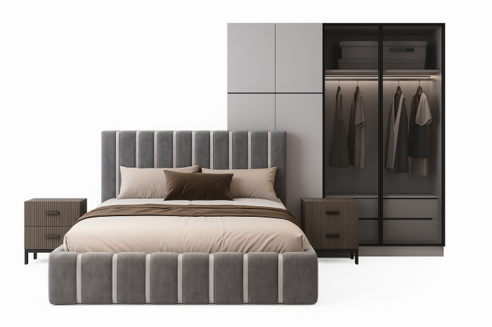 Set Dormitor Pat Tapitat 160x200 + 2 noptiere + Dressing MDF LED [1]