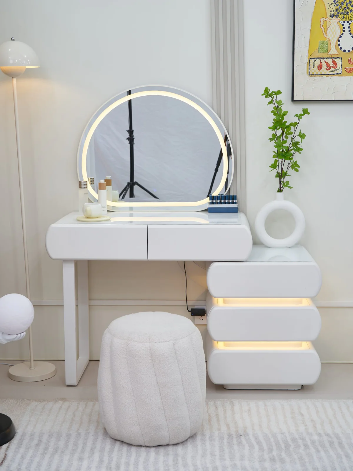 Mese de machiaj - Masă de machiaj Round MDF cu oglindă LED și sertare iluminate 140x40x136 cm