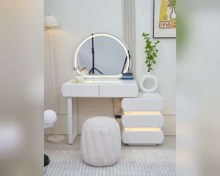 Mese de machiaj - Masă de machiaj Round MDF cu oglindă LED și sertare iluminate 140x40x136 cm