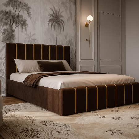 Paturi tapitate - Pat Tapițat 140x200 cm – Velvet Maro cu Accente Aurii