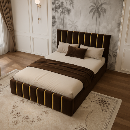 Pat Tapițat 140x200 cm – Velvet Maro cu Accente Aurii [1]