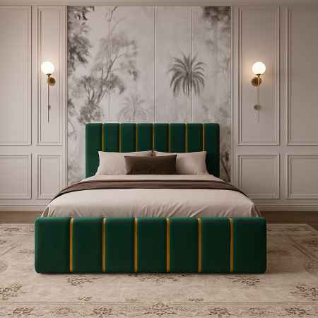 Pat Tapițat 140x200 cm – Velvet Verde cu Accente Aurii [1]