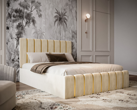 Paturi tapitate - Pat Tapițat 160x200 cm – Velvet CREM cu Accente Aurii