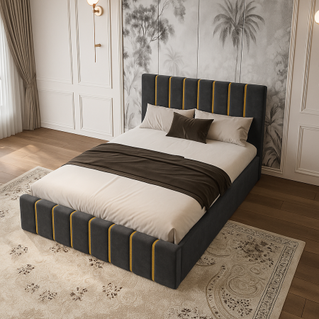 Paturi tapitate - Pat Tapițat 160x200 cm – Velvet GRI cu Accente Aurii