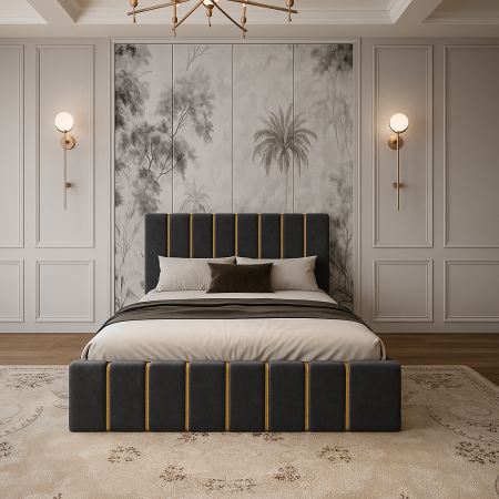 Pat Tapițat 160x200 cm – Velvet GRI cu Accente Aurii [1]