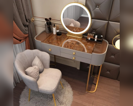 Mese de machiaj - Set AMY 3, Masă de toaletă 100x40x78 pentru machiaj cu oglindă iluminată LED, Scaun 80x40x75