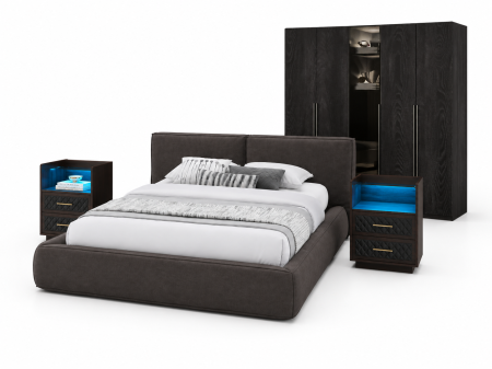 Seturi mobilier - Set dormitor DALLAS AZZURO – Pat tapițat rabatabil + dressing premium + 2 noptiere cu LED RGB