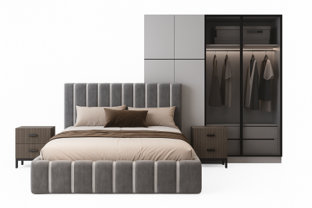 Dressing - Set Dormitor Pat Tapitat 160x200 + 2 noptiere + Dressing MDF LED