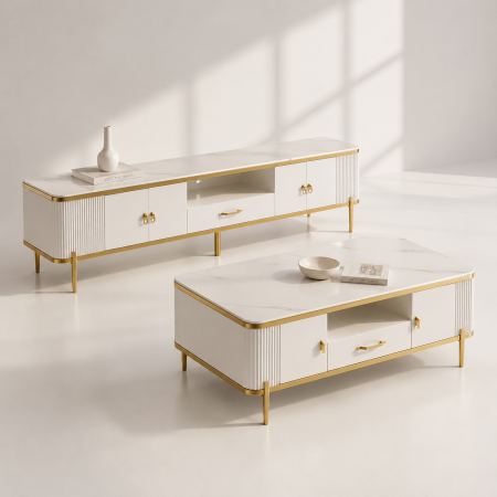 Seturi mobilier - Set Living Richmond – Comodă TV 200cm și Măsuță de Cafea MDF cu blat din piatră sinterizat