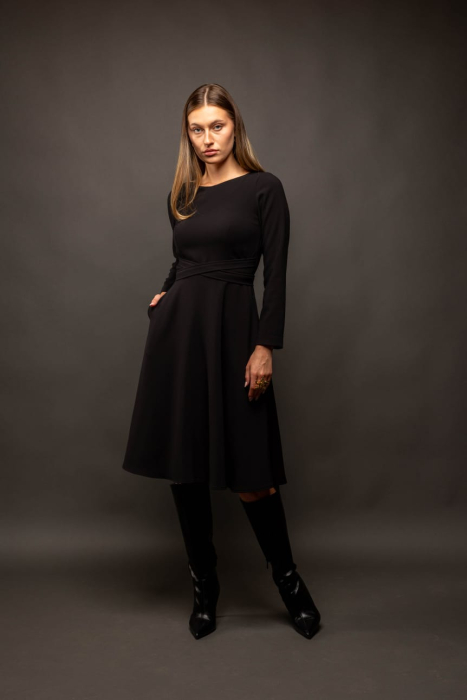Rochie dama neagra eleganta, cu maneca lunga si talie marcata [3]