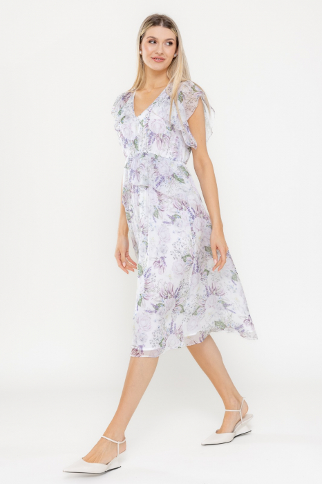Rochie ivory cu volane si imprimeu floral lila [2]