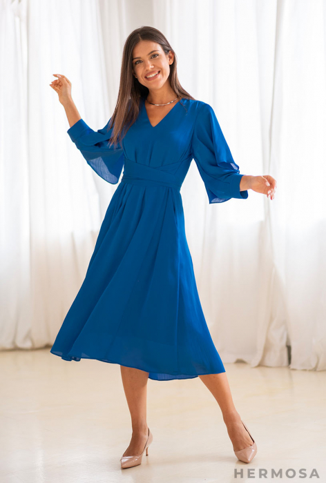 Rochie midi albastra cu maneci ample [3]