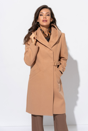 Palton dama camel Rosana cu gluga si catarama decorativa [2]