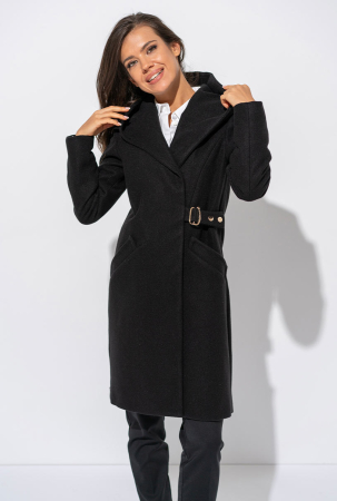 Femei - Palton dama negru Rosana cu gluga si catarama decorativa