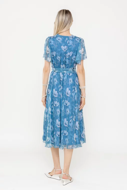 Rochie albastra din voal imprimat cu cordon in talie [2]