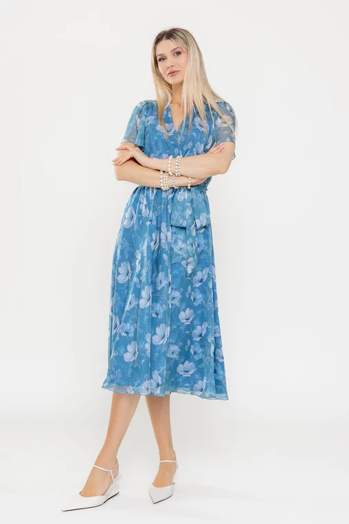 Rochie albastra din voal imprimat cu cordon in talie [3]