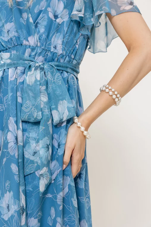 Rochie albastra din voal imprimat cu cordon in talie [4]
