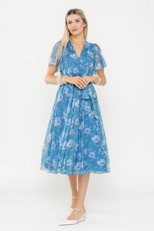 Rochie albastra din voal imprimat cu cordon in talie [1]