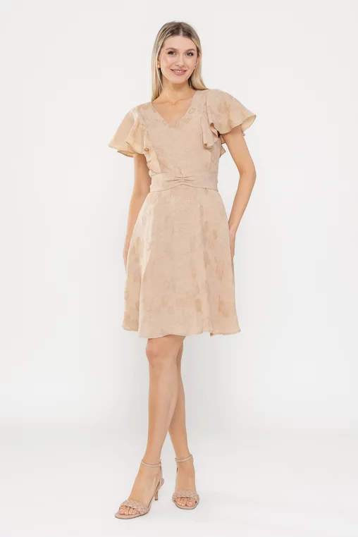 Rochii - Rochie bej cu cordon si volane din in si vascoza