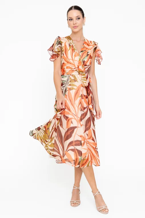 Femei - Rochie eleganta imprimeu vegetal portocaliu