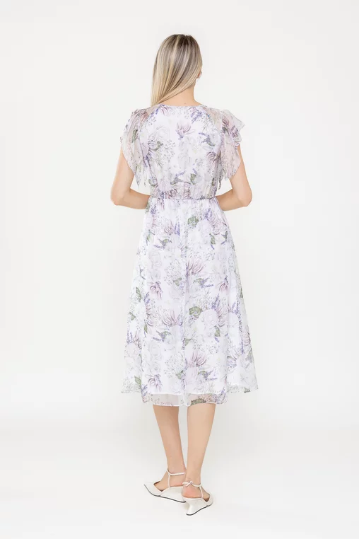 Femei - Rochie ivory cu volane si imprimeu floral lila