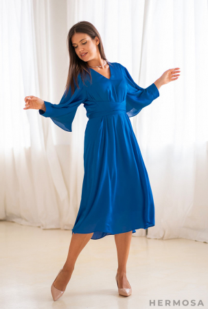 Femei - Rochie midi albastra cu maneci ample