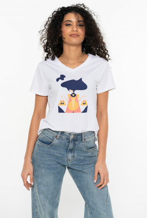 Femei - Tricou Alb cu Print Geometric