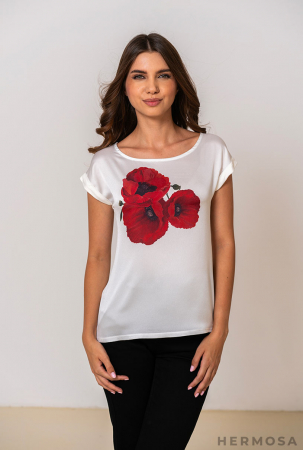 Femei - Tricou ECRU cu Print de Maci