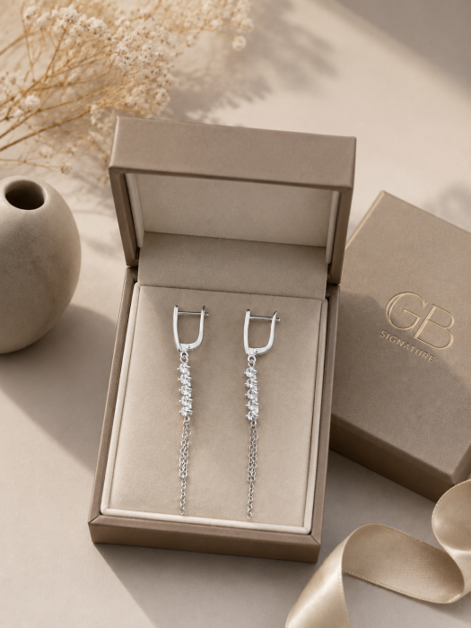 Cercei lungi din argint 925 rodiat cu zirconii in cascada si lanturi Crystal Cascade Earrings GB Signature [2]